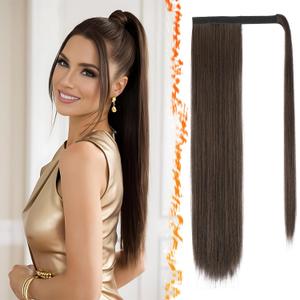 BARSDAR Brown Straight Ponytail Extensions - 26 Inch Long Straight Wrap Around Ponytails for Women, Clip in Ponytail Hair Extensions Synthetic Pony Tails Hairpieces - Medium Brown Mixed