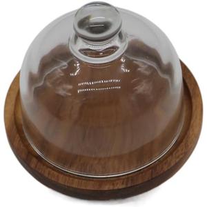 Leadigol Mini Wooden Dessert Dish Cake Stand With Glass Dome, Mini Dessert Tray Round Wood Serving Tray Dessert Plates Display Stand with Lids