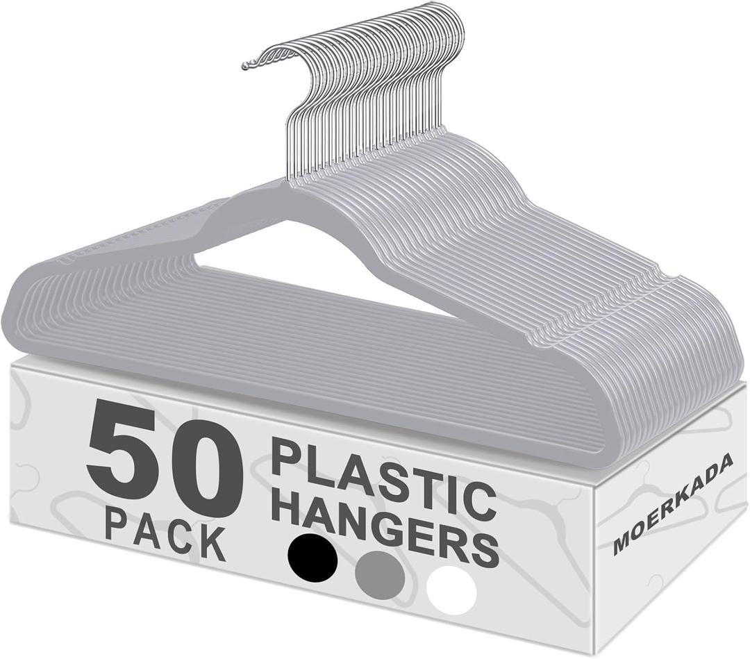 50 Pack Ultra-Thin Plastic Clothes Hangers (17.7 Inch) - Space-Saving Slim Hangers with Non-Slip Grooves for Wardrobe, Closet & Dorm Organization (Grey) (Gray)