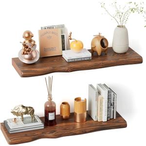 Solid Wood Live Edge Floating Shelves Set of 2 24" Rustic Wall Shelf with Hidden Bracket System, Wall Mounted Shelves for Bathroom, Kitchen, Living Room, Bedroom (Classic Walnut)