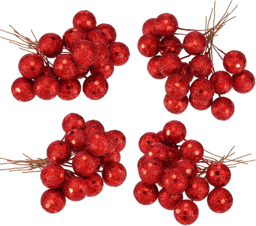 BBTO Artificial Holly Berries, 100 Pieces Mini 10 mm Fake Berries Decor on Wire for Christmas Tree Decorations Flower Wreath DIY Craft Use (Sequined Red)