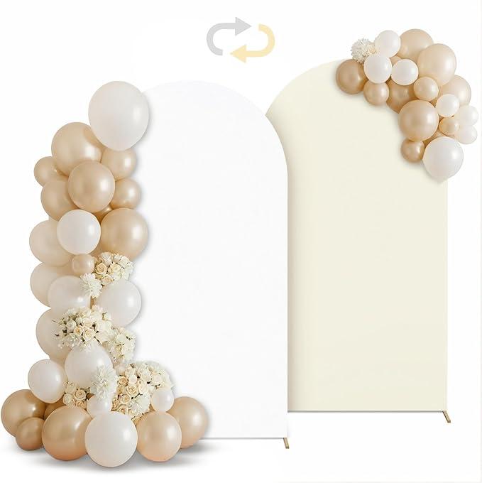 Babenest 6.6FT Arch Backdrop Cover (One Piece Double Color), Beige and White Spandex Fitted Backdrop for Photography, Round Top Chiara for Party Ceremony Birthday Baby Shower Decoration
