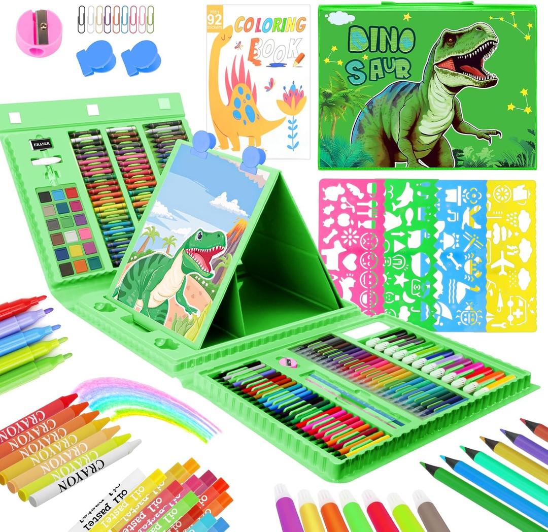 homicozy Art Supplies for Kids Ages 4-12,Dinosaur Drawing Sets Art Case,Coloring Kits with Double Sided Trifold Easel,Crayon,Colored Pencil,Marker,Coloring Book,Drawing Stuffs Gifts for Boys Age 4-6-8