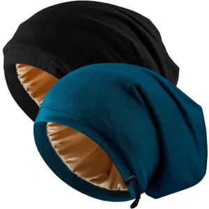 2 Pcs Adjustable Silk Hair Bonnet for Sleeping, Satin Lined Sleep Cap for Women and Men, Silk Hair Wrap Slouch Beanie. (Medium-Large, Black & Green)
