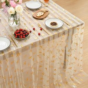 2 x Horaldaily Beige Gold Bow Gauze Tablecloth 60x120 Inch Rectangular, Golden Glitter Metallic Foil Thin Mesh Table Cover, Sheer Tulle Cheesecloth for Wedding Baby Shower Party