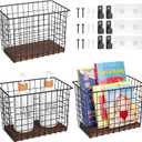 Wall Hanging Baskets 3 Pack, Diversified Wire Basket Shelves of Wooden Style, with Wall Mounted Hooks & Traceless Stickers, for Kitchen Coffee Bar Office Room Garage Storage Organization (Large)