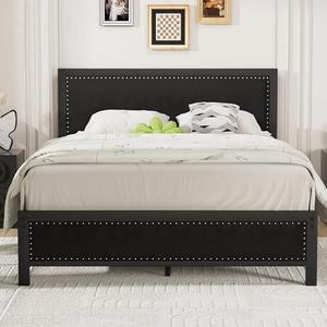 VECELO Queen Size Bed Frame with Upholstered Headboard, Heavy-Duty Platform with Strong Metal Slats, No Box Spring Needed, Easy Assembly, Linen & Black