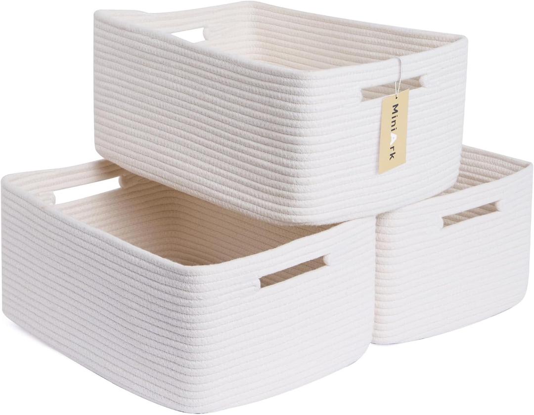 MiniArk Large Storage Baskets for Shelves, Closet Organizers Bins for Clothes Blanket Towels, Baby Nursery, Toy Baskets Box, Woven Rope Baskets, 17 x 13 x 7.5, 3 Packs Off White