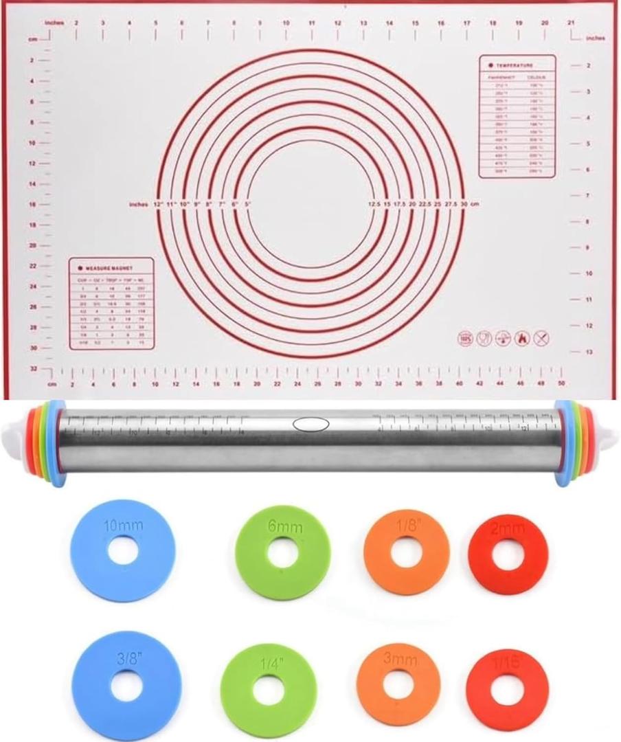Rolling Pin and Silicone Baking Pastry Mat Set, Stainless Steel Dough Roller with Adjustable Thickness Rings, for Pizza, Pie, Pastries, Pasta, Cookies (Red)