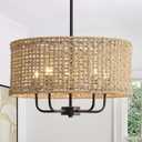 17.7" Rattan Chandelier, 5-Light Boho Black Pendant Light
