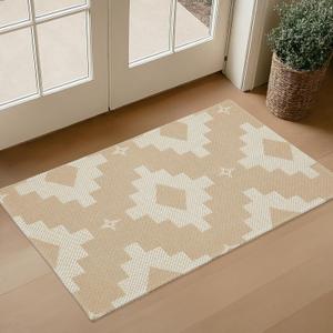 Door Mat Indoor 2x3 ft Rug, Boho Small Area Rug, Machine Washable, Non-Slip, Woven Design, Pet Friendly, Soft Faux Fibre, for Indoor Entryways, Front Doors, Khaki