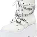 Mikarka Women's Chain Platform Boots Lace Up & Zipper Chunky Heel Black Combat Ankle Booties Fashion Studded Motorcycle Boots 7