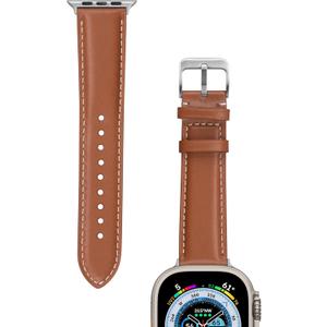 maogoam Genuine Leather Bands Compatible With Apple Watch Ultra Band 49mm, Calfskin Leather Rugged Durable Stainless Connector Replacement Strap for iWatch Ultra/Ultra 2 (Silver/22mm Tan)