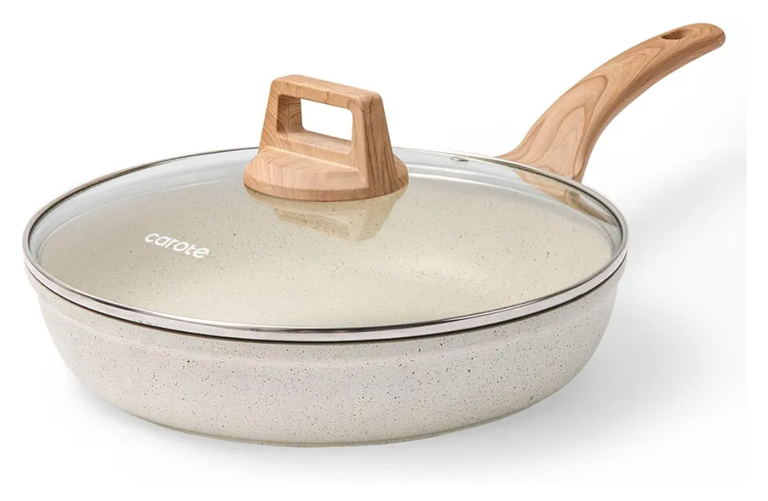 CAROTE 8 Inch Non Stick Frying Pan with Lid,White Granite Nonstick Skillet Omelet Pans, Egg Pan Granite Cookware, PFOS & PFOA Free