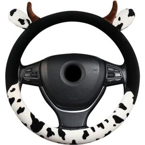 Cow Plush Car Steering Wheel Cover Universal Fit 15in Non-Slip Cute Cow Print Steering Wheel Protector Pad Soft Elastic Circular Steering Wheel Car Decor for Auto SUV Sedan Van Truck Men Women (Black)