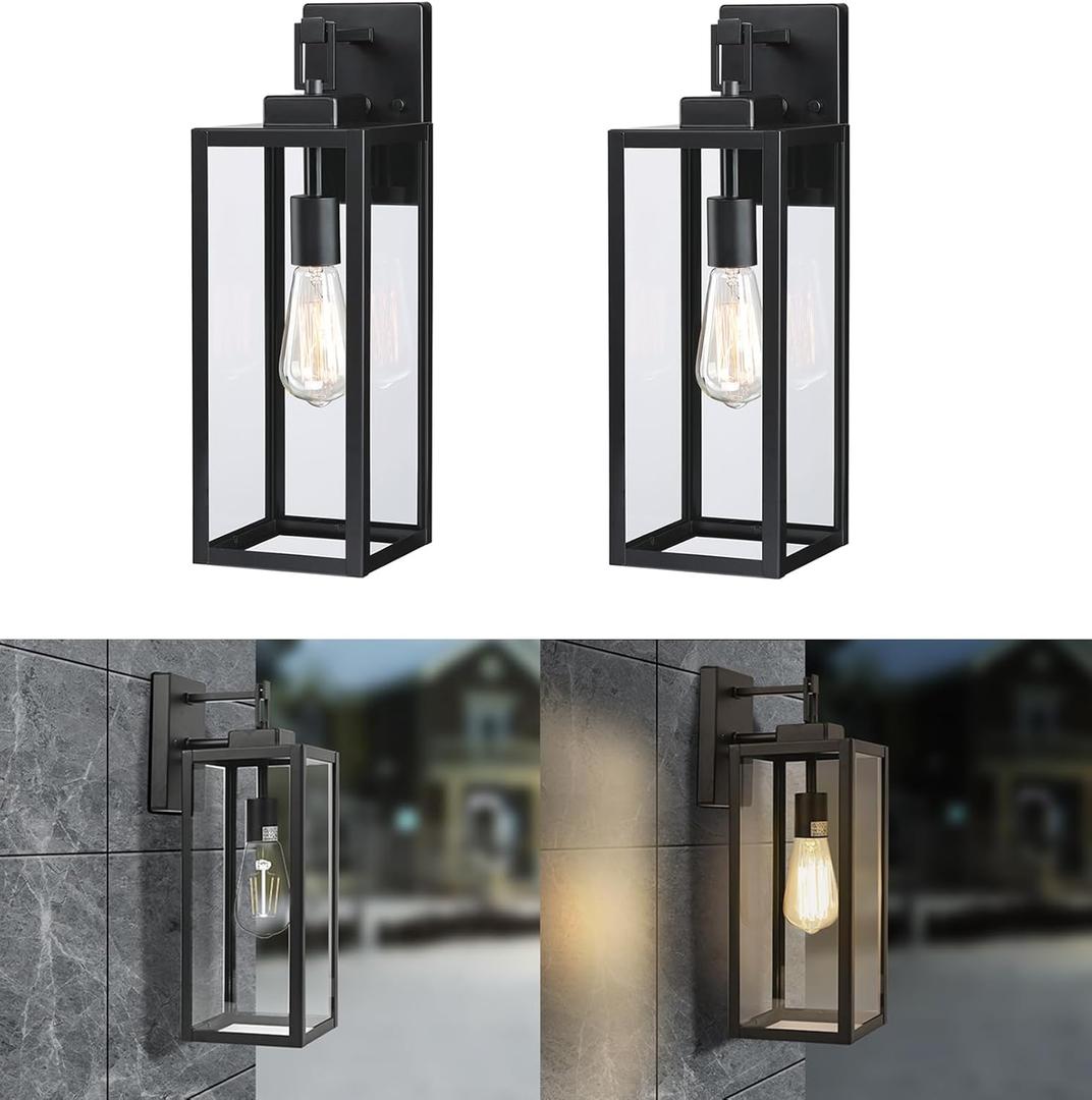 2 Pack Large Outdoor Wall Sconce, 18 Inch Black Wall Lantern Large Size Porch Light for House Outside Wall Light Fixture for Garage, Patio Light with with Glass Shade, E26 Socket (No Sensor)
