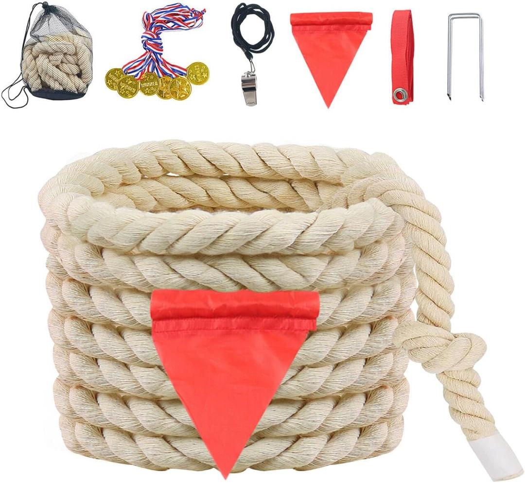 Tug of War Rope for Kids and Adults, Natural Twisted Cotton Rope, Outdoor Games Set Perfect for Carnival Team Building Activities, Field Day Family Reunion Birthday Party Game, Outside Yard Lawn Games