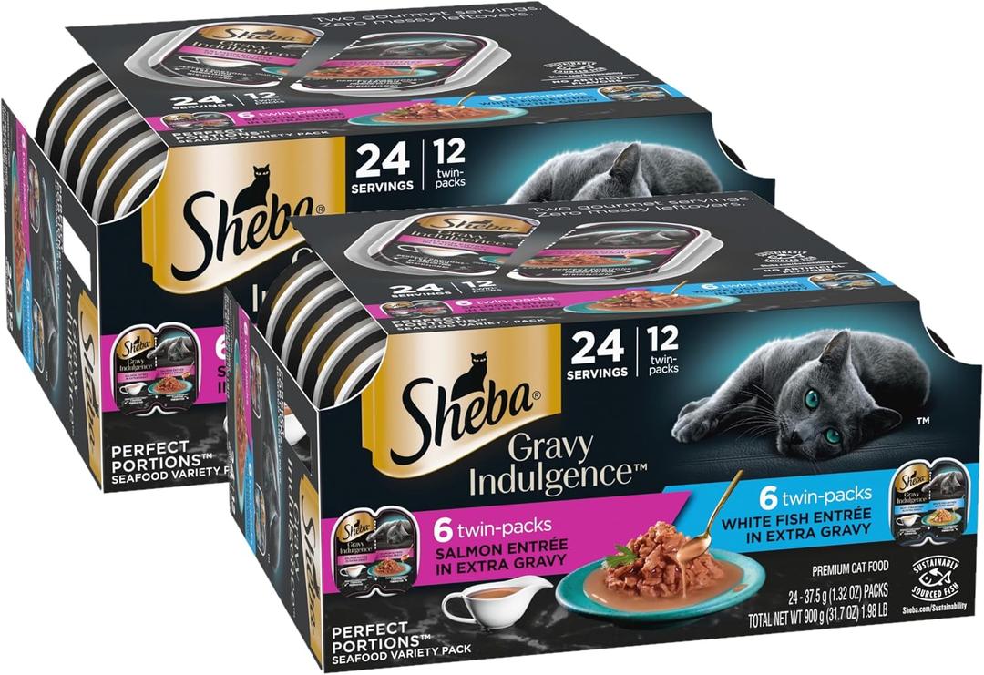 Sheba Gravy Indulgence Adult Wet Cat Food Salmon Entree in Extra Gravy and White Fish Entree Variety Pack, 2.6 oz. Twin-Pack Trays, (12 Count, 24 Servings) (Pack of 2) EXP: 05/2028