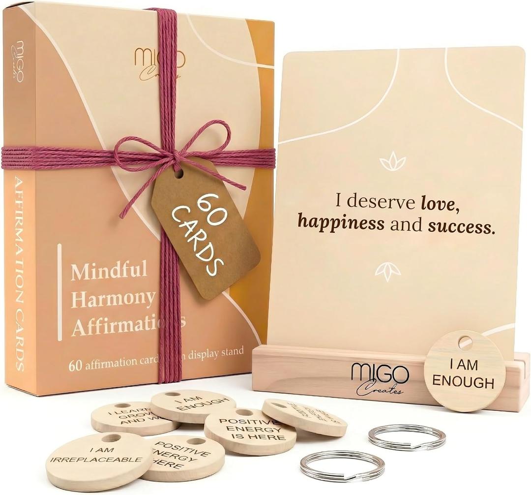 Mindful 60 Positive Affirmation Cards for Women with 10 Inspirational Tokens, 2 Rings & Display Stand, Daily Affirmations for Inspiration & Self Care, Unique Gift Cards for Women and Men
