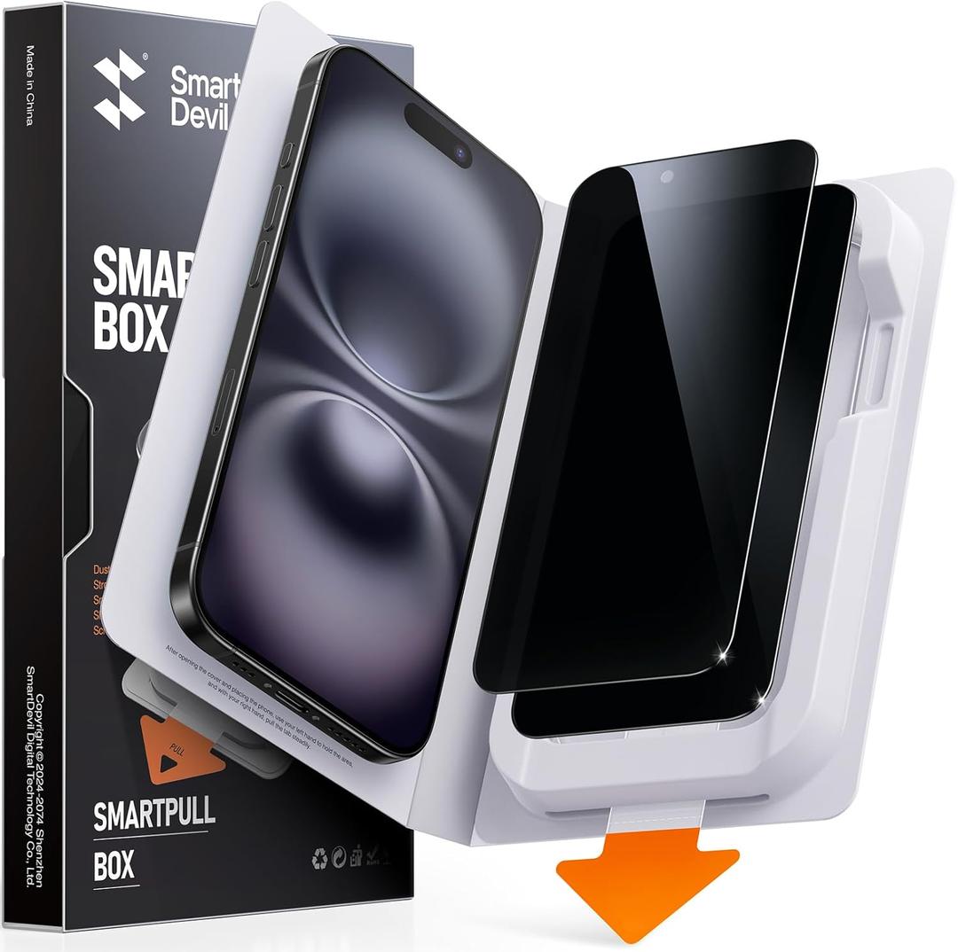 SMARTDEVIL 2 Pack for iPhone 16 Privacy Screen Protector, Military Grade Shatterproof, 9H Hardness, Anti-Spy Tempered Glass, Fast & Easy Instlltion, Case Friendly (Black)