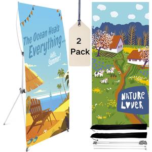 Pack of 2 Reinforced Block Foldable X Banner Stand, Adjustable Tripod 23x63 to 32x71 Inch with 2 Durable Bags for Trade Show Booths, Event Backdrops, Retail Display