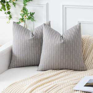Kevin Textile Pack of 2 Farmhouse Decorative Throw Pillow Covers Boho Woven Texture Burlap Linen Cushion Cover Pillowcase, Grey 20 x 20 inches 50 x 50 cm