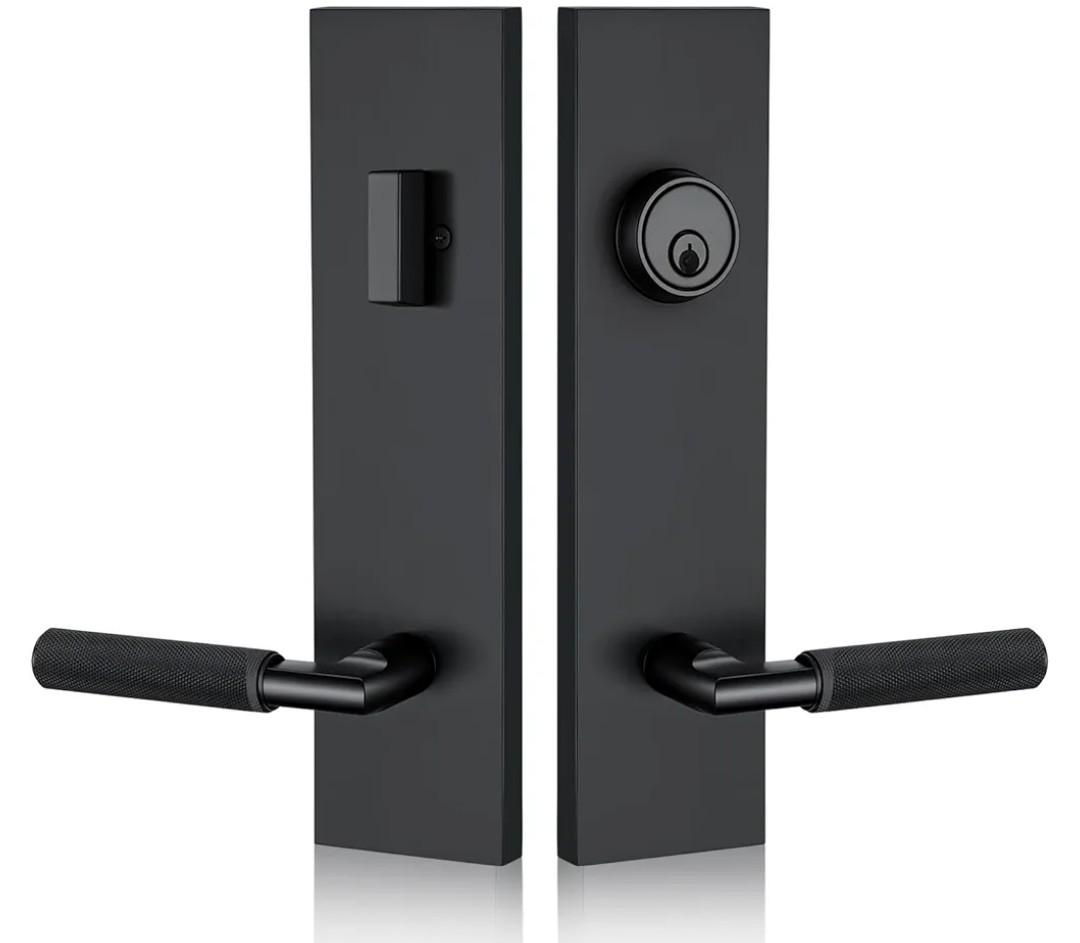 Matte Black Front Door Handle with Knurled Grip – Durable Entry Lock Set with Deadbolt, Exterior Lever & 3 Keys, Fits Left & Right Hand Doors (Keyed Handleset, Matte Black)