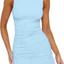 HOCILLE Women's Sexy Bodycon Boat Neck Mini Dresses Sleeveless Ruched Ruffle Hem Club Party Short Dress (Medium, Baby Blue)