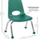 FDP 10" School Stack Chair,Stacking Student Seat with Chromed Steel Legs and Ball Glides For In-Home Learning or Classroom - Green (6-Pack), 10355-GN