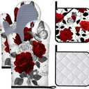 BVBOX Oven Mitts and Potholders Set of 4 Heat Resistant Oven Gloves and Pot Holders with Non-Slip Silicone Surface for Kitchen Cooking Baking Grilling (Red Rose, Set of 4)