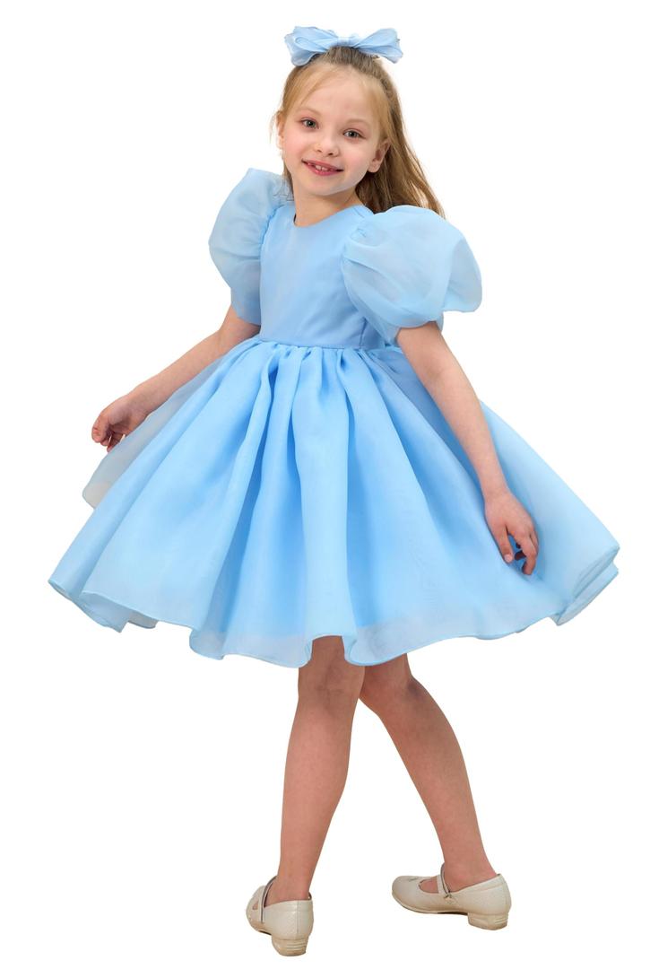 LalaMira Flower Girl Dress Organza Toddler Dresses Puff Sleeve & Bow Bcak Girls Princess Dress for Wedding Birthday Party Blue-12M