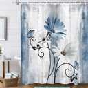 Rustic Farmhouse Shower Curtain, Farm Blue Daisy Floral Flowers and Butterfly on Country Wooden Shower Curtain for Bathroom with 12PCS Hooks, 70X70IN, Turquoise Blue
