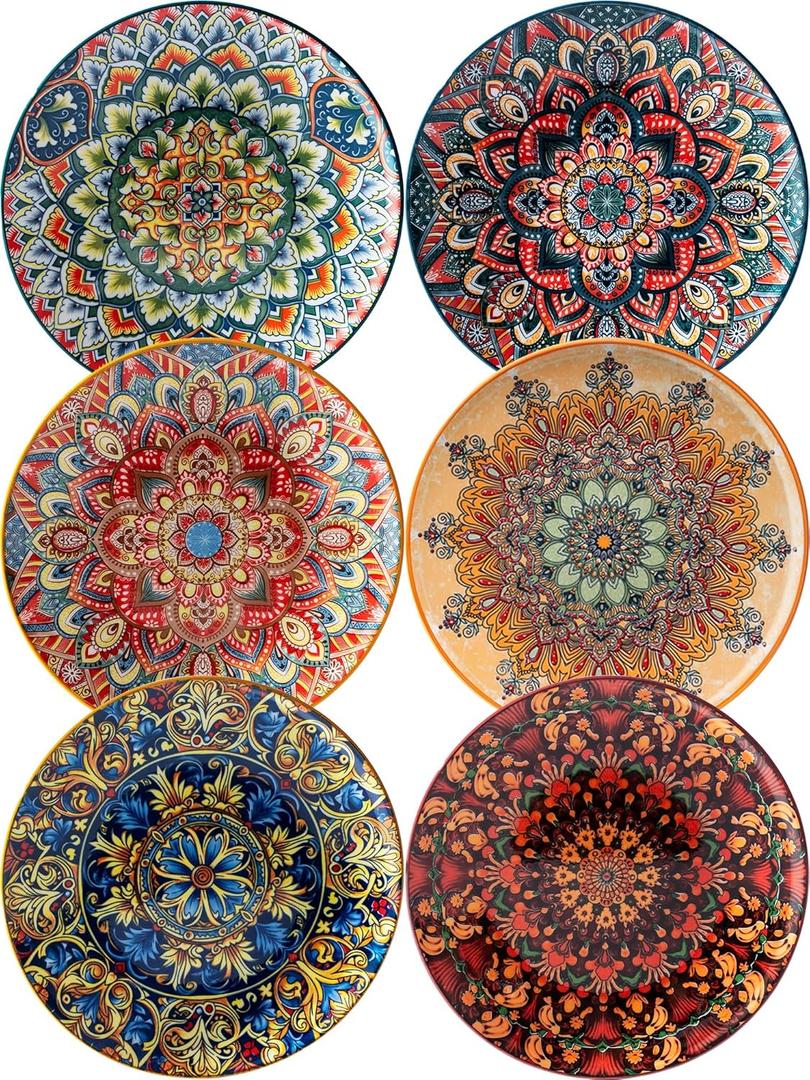 Small Dinner Plate Set of 6-8.5 Inch Ceramic Dessert Salad Plate, Microwave, Oven and Dishwasher Safe, Colorful Bohemian Style Dishes, Lightweight Round Plates for Kitchen