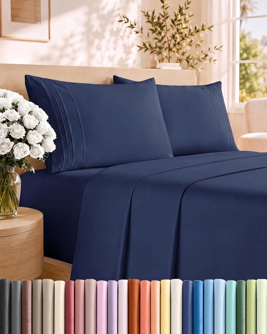 Full Size 4 Piece Sheet Set - Comfy Breathable & Cooling Sheets - Navy Blue