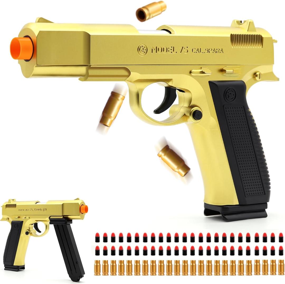 Soft Bullet Toy Gun Shell Ejecting with 48 Bullets, Gold Toy Guns for Boys, Toy Pistol Fidget Gun, Realistic Play Gun Model, Halloween Christmas Birthday Gifts for Boys Kids Adults Age 8+