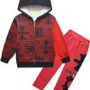 Boys Halloween Cartoon Outfit Red Long Sleeve Zipper Up Hoodies Novelty Pants Set (Red)