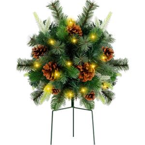 Liliful 1 Set Lighted Artificial Christmas Urn Filler 18 Inch, Battery Operated Pre Lit Artificial Christmas Tree Outdoor Light up Planter Filler Lighted Xmas Trees with LED Lights Timer (Novel)