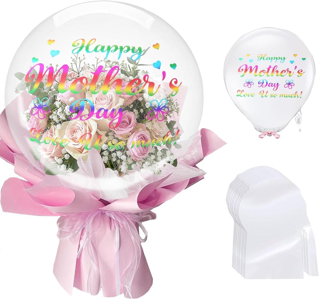 Mother's Day Bobo Balloon Set, 30 Inch Clear Balloons, 10 Pieces with 12 Decorative Stickers, Party Supplies