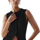 Womens Button Down Tank Tops Ribbed Summer Vest Button Up Open Front Sleeveless Slim Fit Crop Going Out Tops (X-Large, #1 Black)