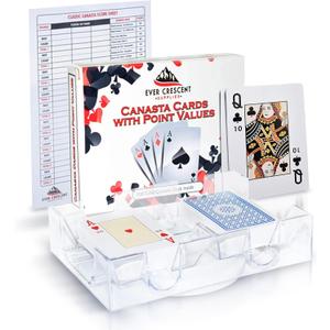 Canasta Cards with Point Values, Tray and Score Pads Set. Includes 2 Deck of Cards, Revolving Holder, and 50 Scoring Sheets