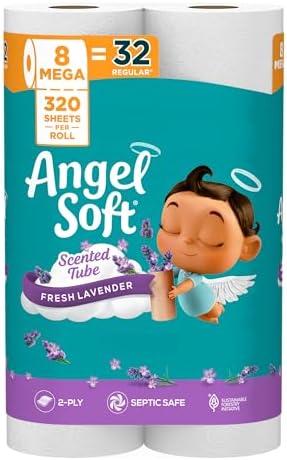 Angel Soft Toilet Paper with Fresh Lavender Scented Tube, 8 Mega Rolls = 32 Regular Rolls, Soft and Strong Toilet Tissue