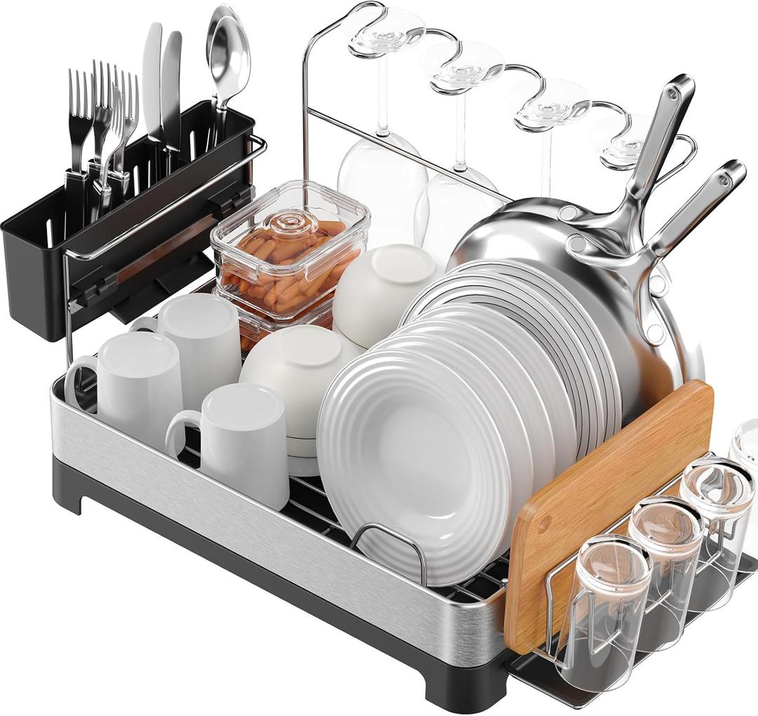 Dish Drying Rack for Kitchen Counter, 304 Stainless Steel Dish Rack, Multi-Function Dish Drainer with Wine Glass Holder, Large Dish Strainer with Cup Holder, Cutlery Holder, Large Size