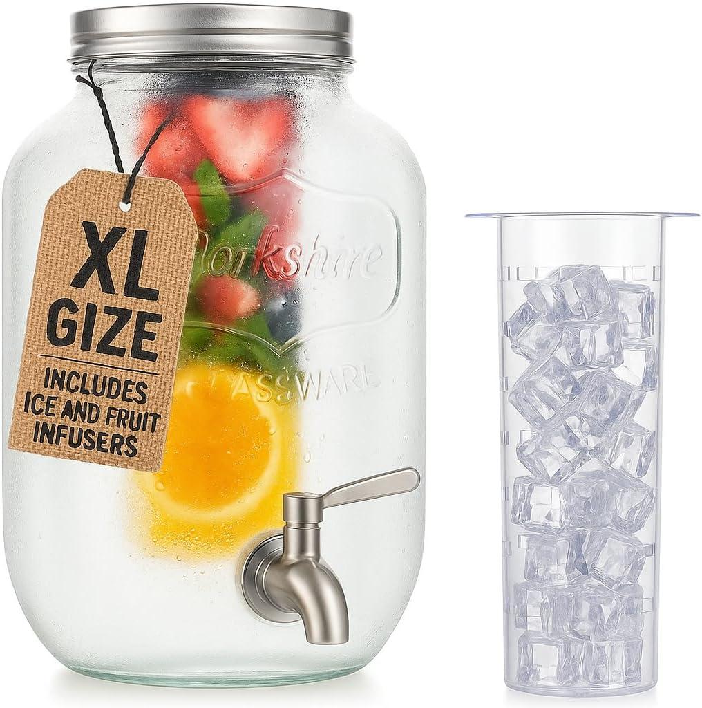 2 Gallon Extra Large Iced Beverage Dispenser with Ice & Fruit Infusers  Glass Mason Jar Drink & Beverage Container with Stainless Spigot