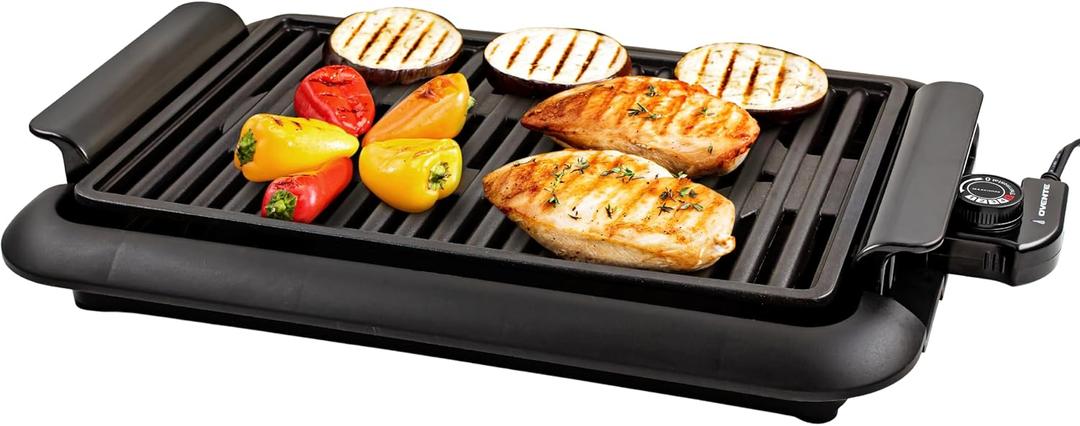 OVENTE Electric Indoor Grill with 15x10 Inch Non-Stick Cooking Surface, 1200W Fast Heat Up Power, Adjustable Temperature, Removable and Dishwasher Safe Grilling Plate and Drip Tray, Black GD1510NLB