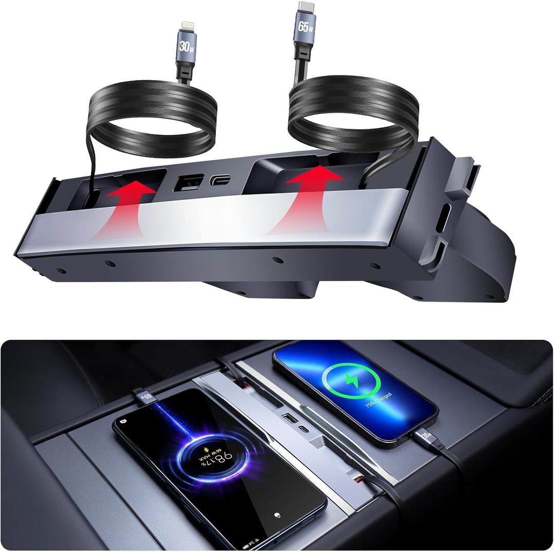 Upgrade 65W USB Charger Hub for Tesla Model 3 Highland 2024-2025 & New Model Y Juniper 2026 Accessories, 4-Port Retractable Phone Charger USB Hub  Center Console