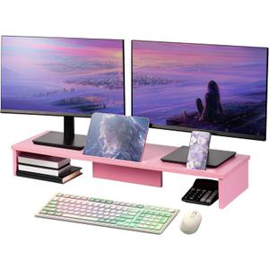 Dual Monitor Stand Riser with Phone Tablet Holder, 35.8in Large Monitor Stand for Desk, Computer Monitor Stand for 2 Monitors, Desk Shelf for Top of Desk, Desktop Organizer for Laptop, Printer, TV (35.7" Pink)