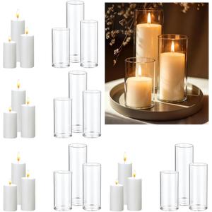 UDU 24 PCS White Pillar Candles with Glass Cylinder Vases Hurricane Glass Candle Holders for Pillar Candles Cylinder Vases for Centerpieces Wedding Table Party Home Decor (2.6" X 4.7", 6", 8")