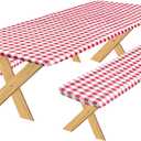 OutdoorLines Vinyl Fitted Picnic Table Cover with Bench Covers - Elastic Waterproof Camping Tablecloth for Picnic Table (Checkered Red 96x30 Inch, 3 Pcs)