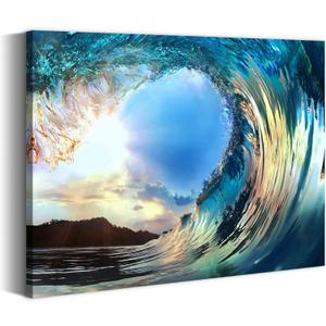Bathroom Ocean Pictures Wall Art: Surf Wave Art Sea Wave Canvas Coastal Prints Modern Sunset Beach Photo Nautical Artwork Painting Decoration for Bedroom Kitchen Office Living Room Wall Decor