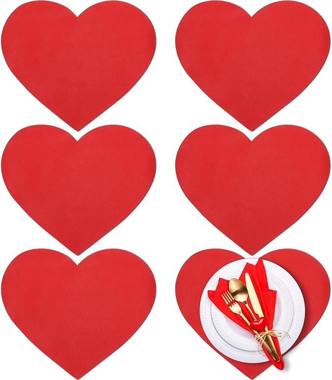 Remerry Leather Heart Placemats Set of 6 Red Heart Shaped Place Mats Waterproof Washable Table Kitchen Mats for Kitchen Dining Decor(Classic,Red,11.81 x 10.24'')